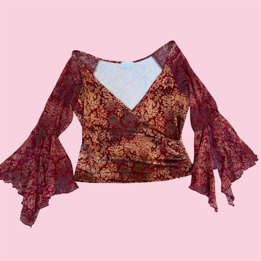 Y2K gold and red floral print cropped blouse with bell sleeves